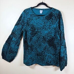 Chico's Flocked Balloon Sleeve Knit Top Sz L Striking Teal Statement Artsy Bold